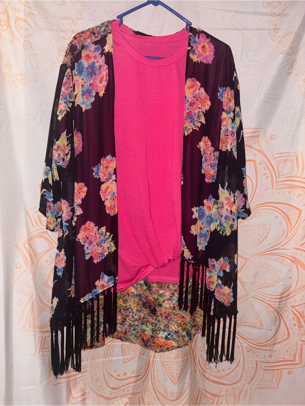 SHEIN Curvy Hot Pink Tee Paired w/ a Black Floral Kimono w/ a Fringe Bottom